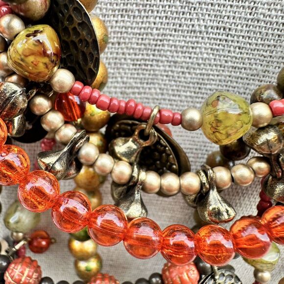 Vintage TRESKA Necklace Gold Tone Orange Amber Boho Multi-strand Charm Beaded - Picture 4 of 6